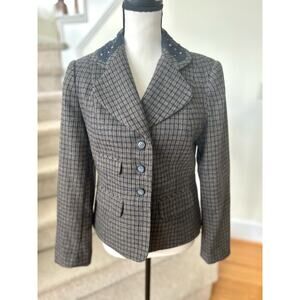 Sundance Grey Wool Plaid Faux Navy Suede Studded Trimmed Collar Blazer